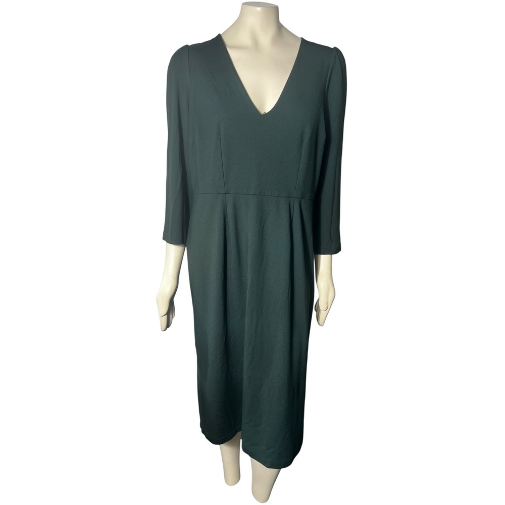 Boden Dark Green V Neck Qtr Sleeve Midi Dress‎ Size US 16-18R Modest Minimalist